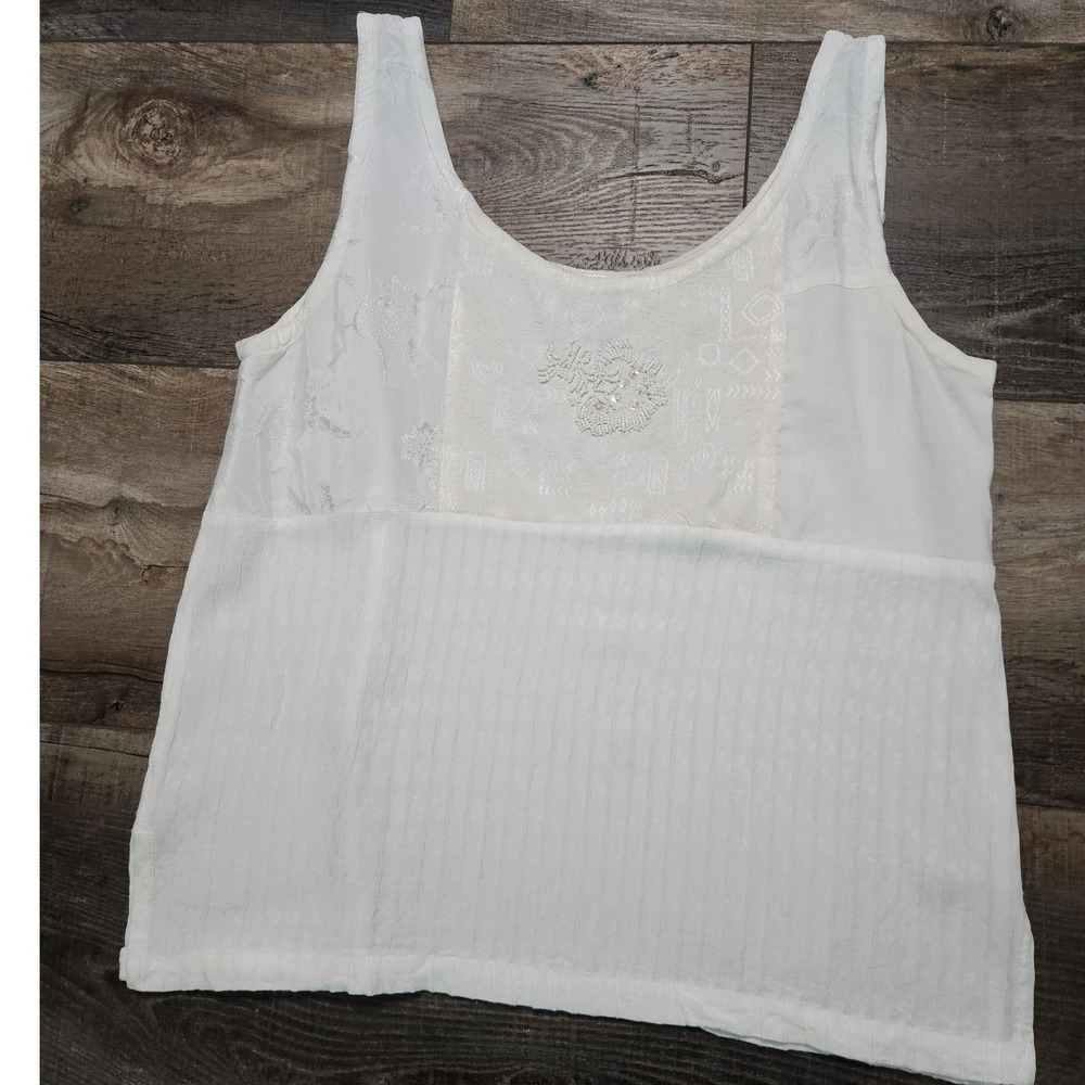 The Icing Tank Top Women Ivory Beaded Lace Boho Cottagecore Mixed Media M